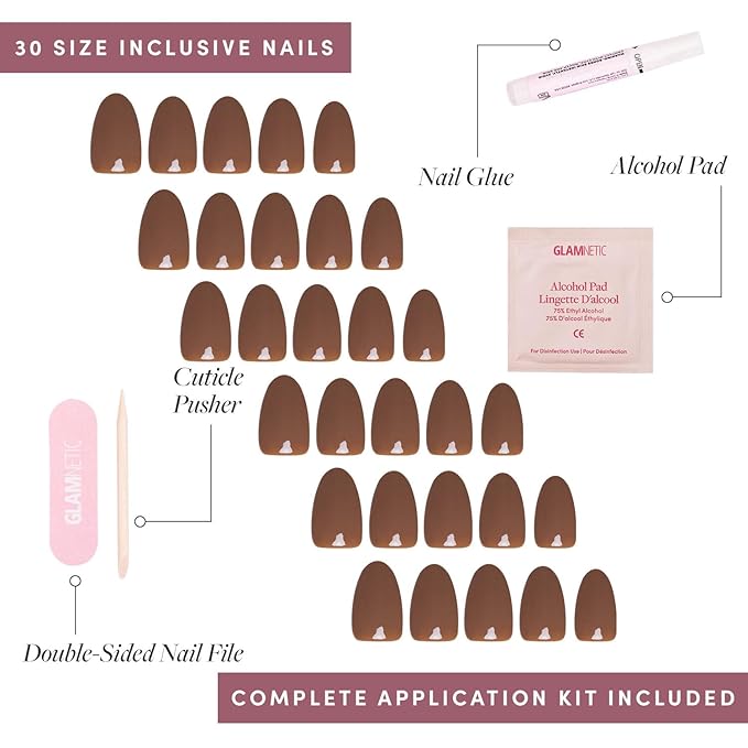 Glamnetic Press On Nails - Chocolate Brown | Opaque Muted Soft Brown Short Oval Fake Nails, Salon Quality | 15 Sizes - 30 Nail Kit