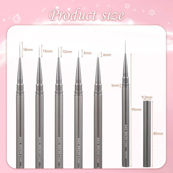 5Pcs Nail Art Liner Brushes For Gel Polish, Detail Painting Design Fine Lines Drawing Brush Set With Cap Metal Handle Home DIY Salon Manicure Tools Women Gifts, 6/9/12/15/18mm