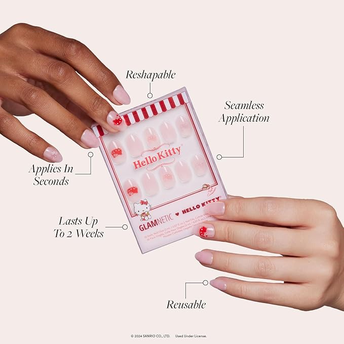 Glamnetic x Hello Kitty® and Friends Press On Nails - Hello Kitty® | Short Oval Red Graphic Fake Nails in a Velvet Finish | 15 Sizes - 30 Nail Kit with Glue