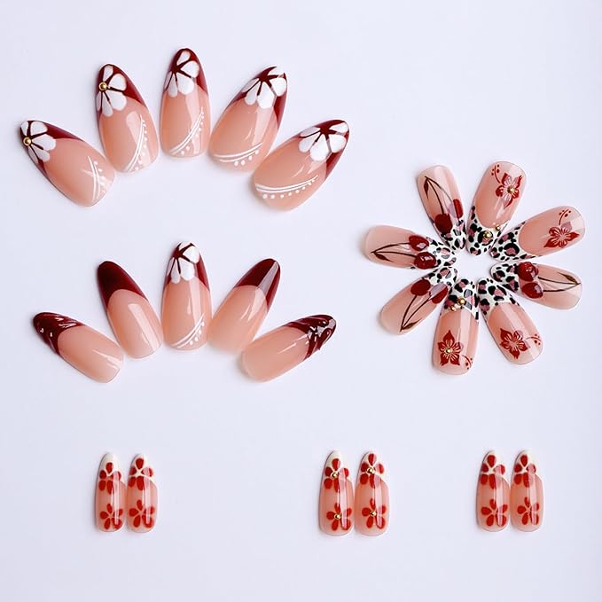 Red Flower Press on Nails Medium Almond MABKJLF Fake Nails 3D Red False Nails with Cherry Leopard Print Hibiscus Designs Fall Glossy Glue on Nail Acrylic Nails for Women Girls 24Pcs