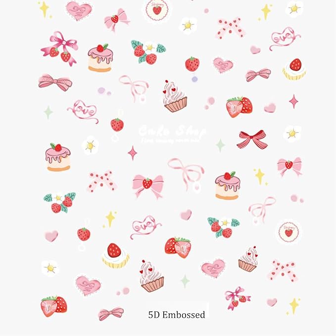 5D Embossed Nail Art Stickers Pink Nail Decals Bow Heart Cake Design Nail Stickers Cute Strawberry Nails Decoration for Women Grils Manicure Accessories