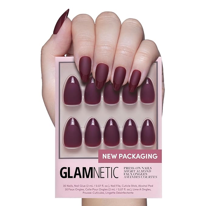 Glamnetic Press On Nails - Merlot Fake Nails | Matte Short Almond Dark Red Nails with Glossy French Tips | 15 Sizes - 30 Nail Kit with Glue