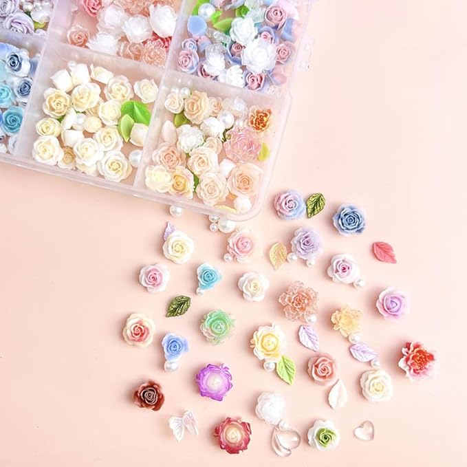 24Grid Random Mixed Flower Nail Charms - Colorful Floral Nail Decor Charms With Pearl Leaves & Resin Camellia Rose Designs