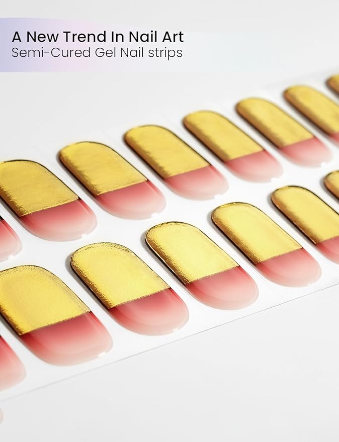 Semi Cured Gel Nail Strips | Built-In Gel Top Coat | UV Light Required | Salon Quality, Easy Application And Removal (Gilded Crescent）