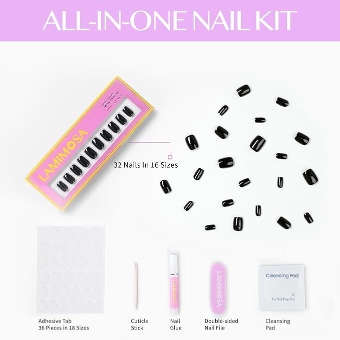 LAMIMOSA 32Pcs Solid Black Press on Nails Short Square - Soft Gel Fake Nails in 16 Sizes, Reusable Solid Color Glue on Nails Kit, MIDNIGHT