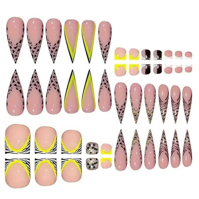 48Pcs Leopard French Tips Press on Nails Long Almond Fake Nails with Green Striped Design Zebra French Tips Press on Toenails Short Square Fake Toenails Rhinestones False Toenails for Women Manicure