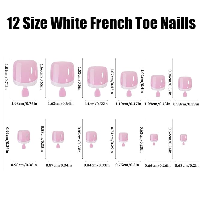 216 Pcs White French Tip Press on Toenails Short Square Fake Toe Nails Nude Glossy Acrylic Glue On Toe Nails Full Cover False Toenail Tips Stick on Toenails for Women Foot Manicure Kit 12 Size