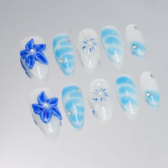 Medium Almond Press on Nails Handmade Nail Thick Fake Nails with Glue,Milky White False Nails with 3D Blue Flower Art Design Rhinestone Nature Acrylic Nails for Wome (Size M)
