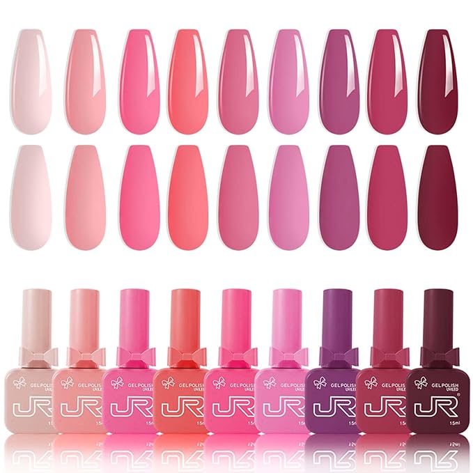 JR 9pcs 15ml Gel Nail Polish Set Pink Gel Polish Kit Soak Off Polish Nail Art Manicure Salon DIY Home UV Gel polish Gift G