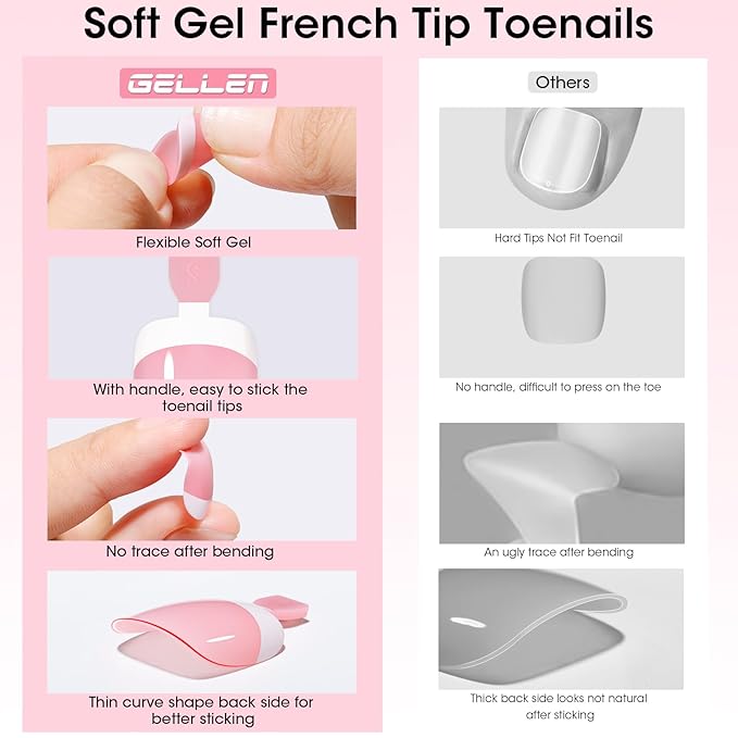 French Tip Toe Nail Tips Press on, Gellen Toe Nail Press ons Short Pink, Chip-free Soft Gel Toe Nail Tips Full Cover Pre-designed for Fast Pedicure, 15 Sizes 240pcs Fake Toenails