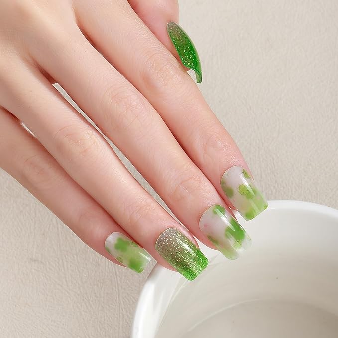 4 Sheets St Patrick’s Day Gel Nail Stickers for Nail Art Green Shamrock Gel Nail Polish Strips Clover with Glitter Design Irish Stickers Full Wrap Gel Nail Strips Sticker for Women Manicure Salon