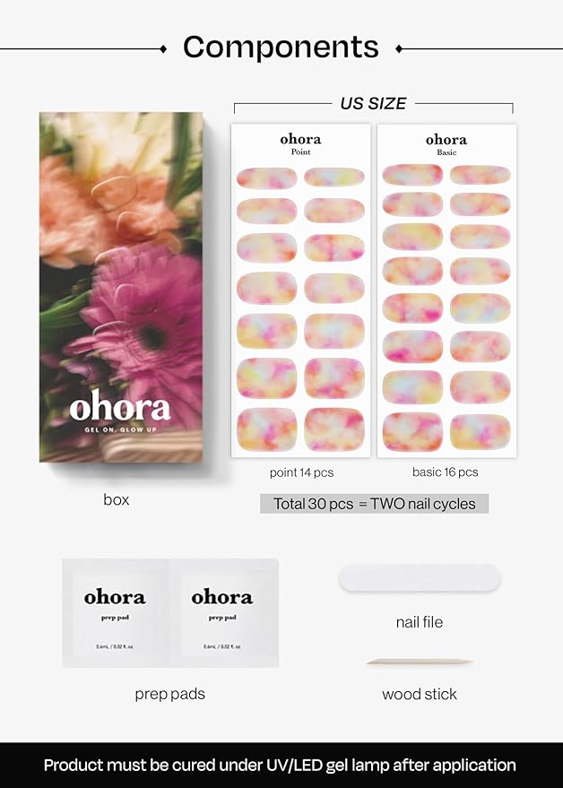 ohora Semi Cured Gel Nail Strips (N Floral Fantasy) - Rainbow, Ombre, Works with Any UV/LED Lamps, Salon-Quality, Long Lasting, Easy to Apply & Remove - Includes 2 Prep Pads, Nail File & Wooden Stick