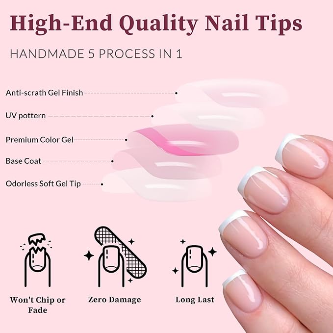 120PC White French Tip Press on Nails Short Fake Nails Press ons with 5*Adhesive Tabs, Pink Square Acrylic Nail Press on Nail French Tip Nails False Artificial Fingernails Stick on Nails-M