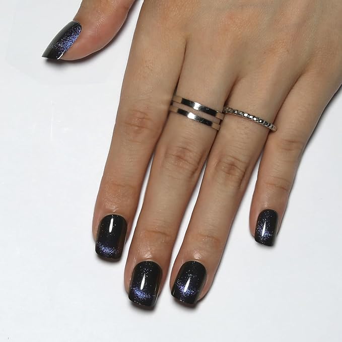 Purple Press On Nails Short Square – Light Dancer Magnetic Cat Eye Nails with Shimmering Motion Curve, Glossy Gel Finish, Reusable Glue On Fake Nails for Women, Amethyst Waltz