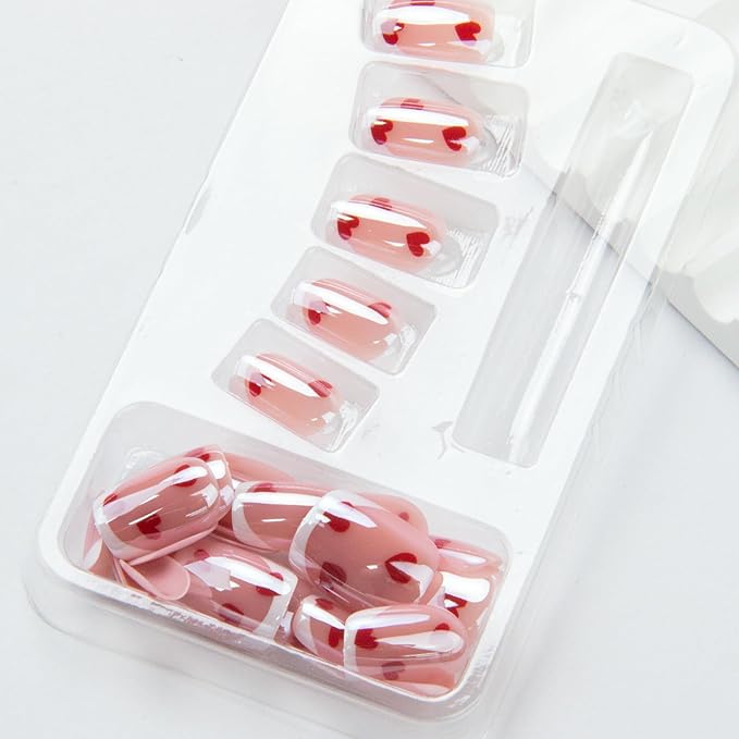 French Tip Press on Nails Short Square Fake Nails Red Heart False Nails with Glossy Metal Chrome Acrylic Nails Shiny Valentine's Glue on Nail for Women Manicure Decoration 30Pcs
