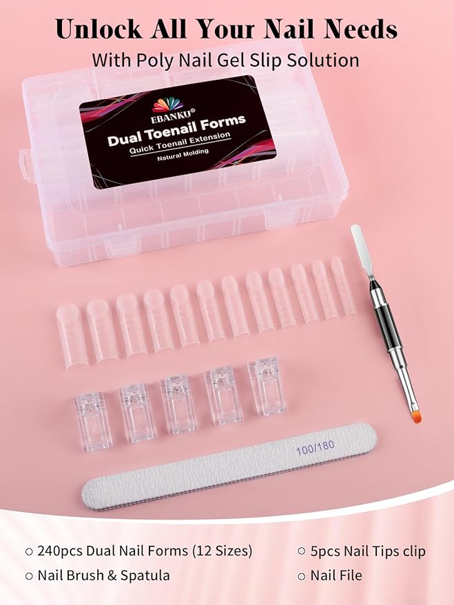 240 Pcs Poly Gel Toe Nail Form Kit - EBANKU Reusable Dual Toe Molds for Acrylic Extensions and Pedicure | Full Cover Nail Tips with Dual-Ended Gel Brush and Nail File | At-Home or Professional Use