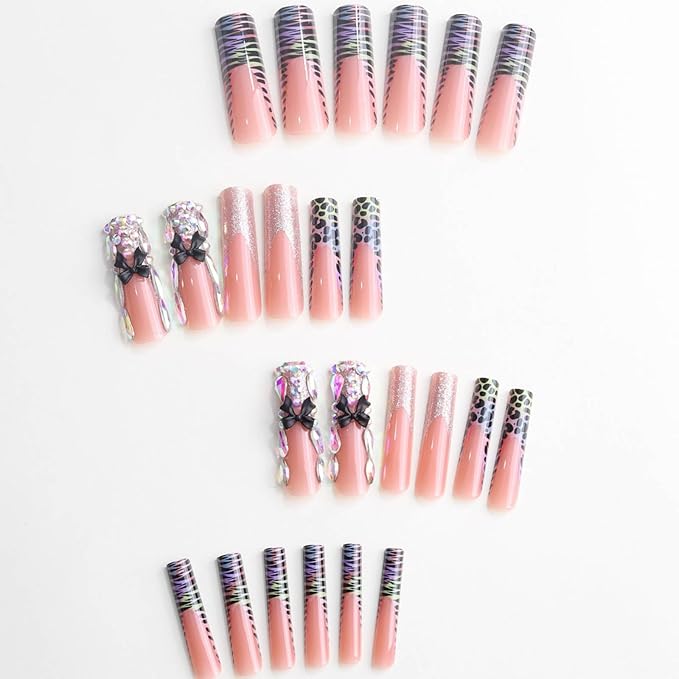 Xl Long Press on Nails Square Fake Nails Pink Full Cover Glue on Nails with Rhinestones and Bow Design Acrylic Nail Press Ons Glossy False Nails Extra Long Nail for Women (Leopard French Tip)