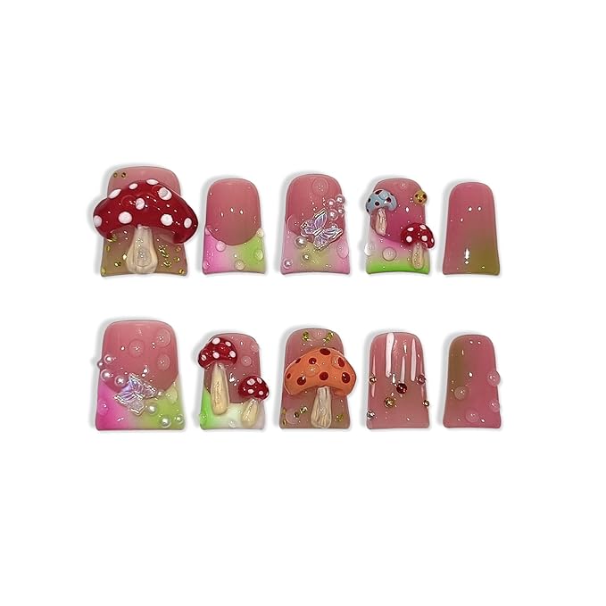 Duckbill Coffin Ballerina Shape Fake Nails,Ombre French Tips Press on Nails 10 Pcs with Tool Kit,3D Butterfly Mushroom Embossed Design Glue on Nails with Pearl & Rhinestone Cute Fake Nails(M)