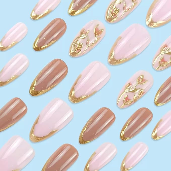 Almond Press on Nails Medium - Gold French Tip Fake Nails with Golden Emboss Flower Design - Fall Full Cover Stick on False Nails for Women 24 Pcs