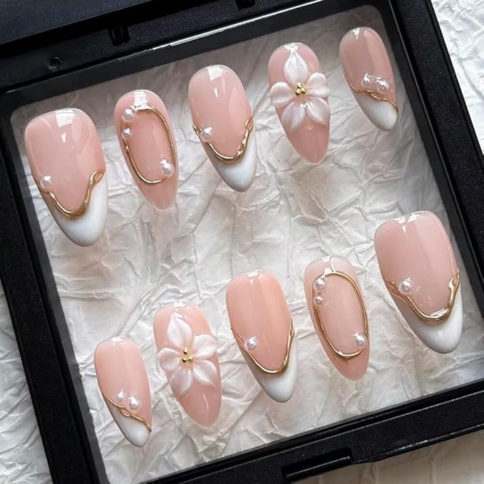 Spring Press On Nails MAGLFELL Handmade Almond Fake Nails, 3D Carving Floral and Pearl Design,10 Pcs Reusable ABS Material Acrylic Fingernail Tip Salon Artificial Nails Kit (Size S)