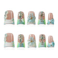Press On Nails Handmade Short Duck Luxury Nails, Mint Green Ombre French with 3D Floral Charms, Bling Crystal False Nails, Glossy Art Designs Reusable Acrylic (Misty Blue Floral Glitz,L)