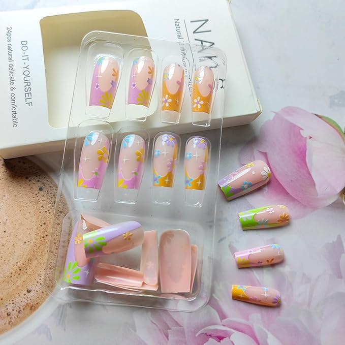 24Pcs Colorful French Tip Press on Nails Long Square Fake Nails Color Summer Daisy Full Cover Design Glue On Nails Coffin Shape False Nails Flowers Acrylic Press Ons for Women Manicure Art