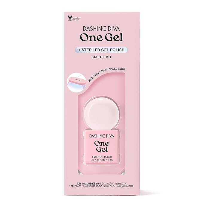 Dashing Diva One Gel Color Starter Kit - Aristocrat - 3-in-1 Base Coat, Baby Pink Nail Color & Top Coat - 8-Piece Manicure Set with LED Gel Nail Lamp