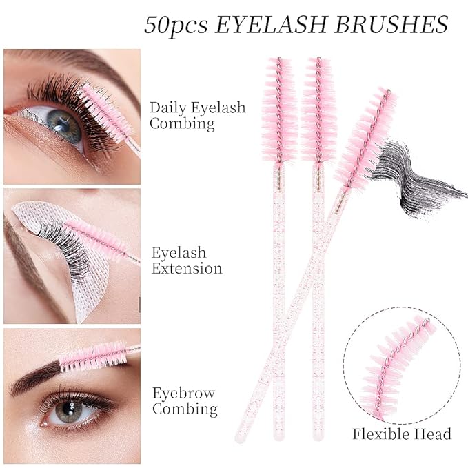 200Pcs Eyelash Extension Supplies Kit,Disposable Lash Spoolies Brushes Micro Swab Brushes Mascara Wand Lip Brushes for Eyelash Extension Tattoo Lipstick Applicator (Crystal Pink)