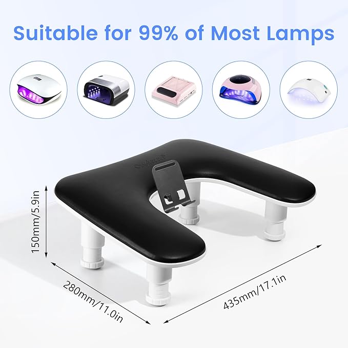 Arm Rest for Nails Tech: 3rd Generation Manicure Nail Arm Rest with Rotating Phone Stand, U-Shaped Height Adjustable Hand Rest Pillow for Acrylic Nails Black