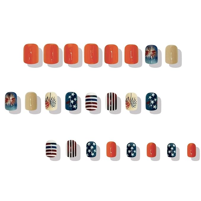 4th of July Press on Nails Short Square MABKJLF Fake Nails Fireworks Stars False Nails with Designs Full Cover Glossy Glue on Nails Blue Red White Acrylic Nails for Women Girls 24 Pcs