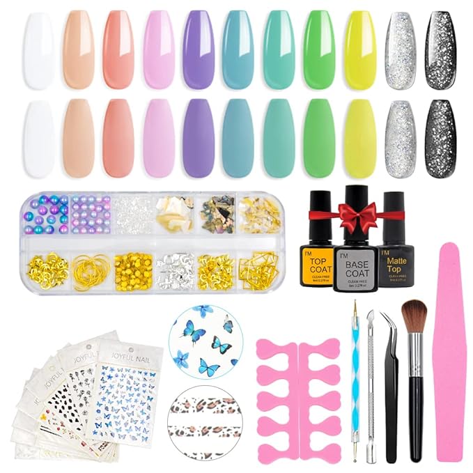 Gel Nail Polish Kit with Nail Art Decorations, Nail Polish Set include 11 Colors with Glossy & Matte Top Coat, Base Coat, Nail Stickers, Rhinestones decorations and Manicure Tools for Women