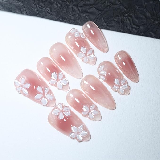 10 Medium Almond Handmade Press On Nails | Romantic Pink Blush Rendering Shimmer Fake Nails with 3D White Floral Accents | Easy Apply & Remove, Reusable Salon Quality Nails (5U14, M)
