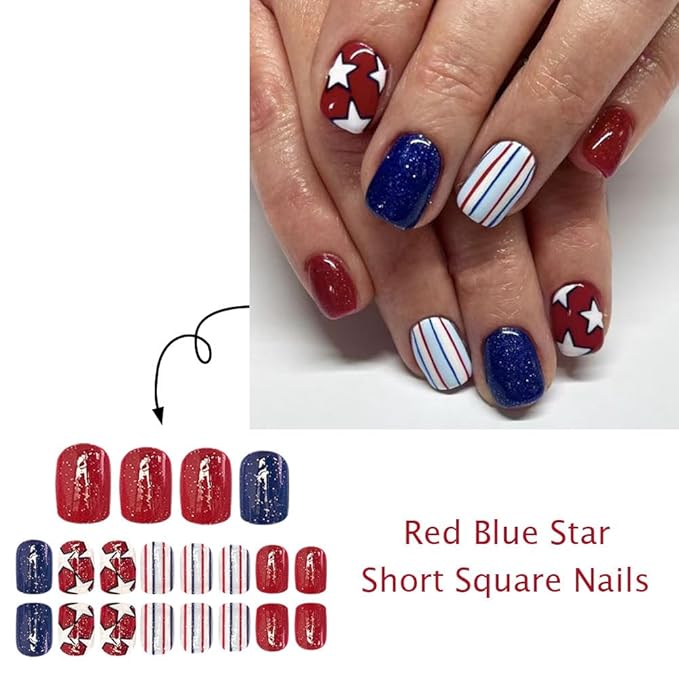 Independence Day Press on Nails Short Square Fake Nails with Star Designs Glossy Red Blue False Nails Lines Stick on Nail Reusable Full Cover 4th of July Acrylic Nail for Women Girls Manicure 24Pcs
