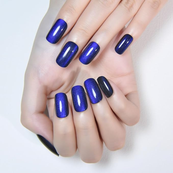 Cat Eye Royal Blue Press On Nails Medium Long Length Square, Designer Reusable Acrylic Fake Nail with Glue, Glossy Gel Nails Wedding Party, Stick On Glue On Nail, Nails Press Ons for Women