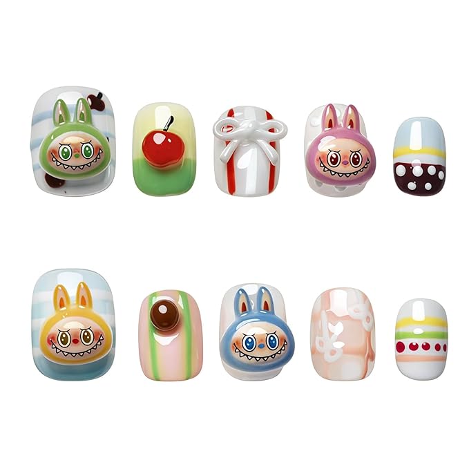 3D Cherry Press on Nails Short Square - Cute Cartoon Design with Mini Bow Charms, Colorful Kawaii False Nails for Women and Girls (Cartoon-A,S)