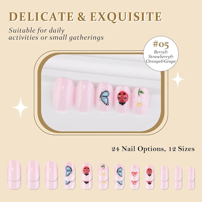 evpct Baby Pink Press on Nails Medium Oval, Glossy Artificial 3D Fake Nails Kit with Design, Spotted Ladybug & Butterfly & Mushroom & Flower, Stick on Nails with Nail Kit, Reusable Stick on Nail Kit