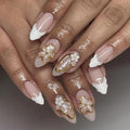 evpct 3D Flower French Press on Nails Medium Almond with Gold Line Design, White French Tip Stick on Nail for Women Gift with Kit, Reusable Full Cover Soft Gel Press on Fake Nail with 3D Floral Design