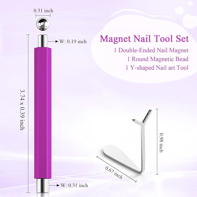 3-in-1 Cat Eye Nail Magnet Tool with Heart Magnet, Double-Ended Cylindrical & Ball Magnets for Cat Eye Gel Polish Glass Bead Nail Effects Manicure Supplies imanes para uñas (Purple)