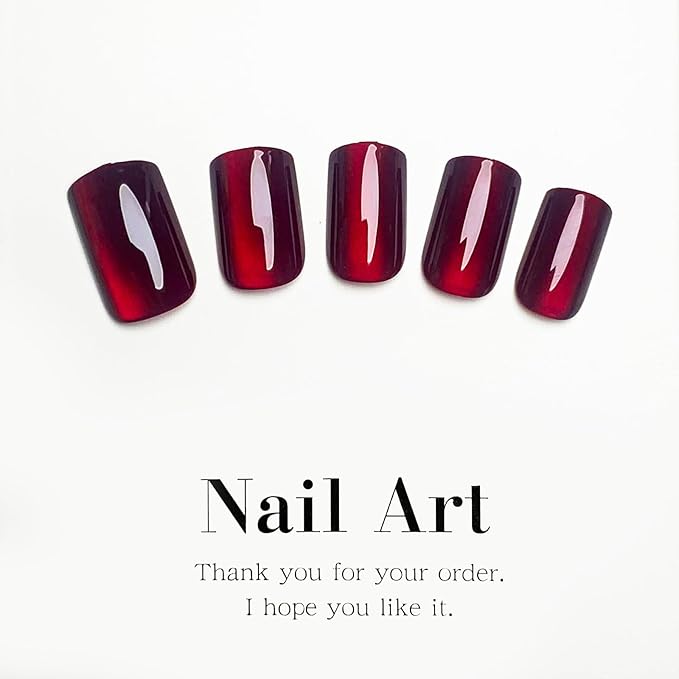 Wine Red Press on Nails Short Square Fake Nails Cat Eye Acrylic Nails Glossy Shiny False Nail Press ons Jelly Gel Design Red Full Cover Glue on Nail for Women Girls Manicure Nail Decoration