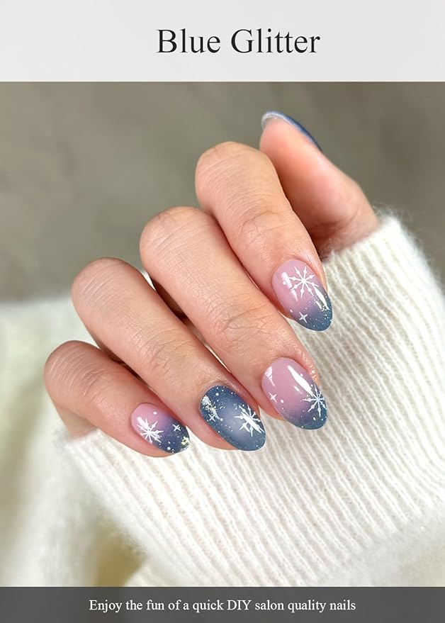 Semi Cured Gel Nail Strips (Blue Glitter), Christmas Snowflake, 20 Pcs Gel Nail Wraps, Stickers, Salon Quality, Long Lasting, Works with Any UV Lamps