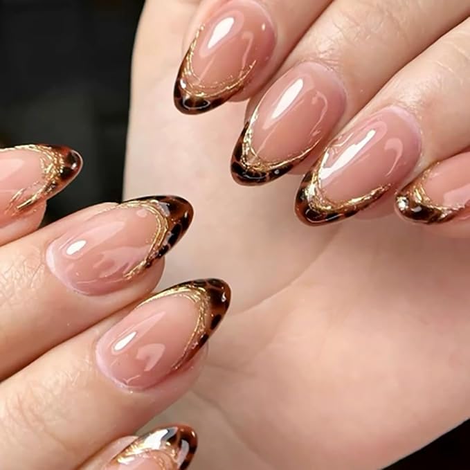 Almond Press On Nails Medium Short, Nude Pink Fake Nails with Tortoiseshell Brown French Tip and Gold Foil Detail, Glossy Reusable Glue On Nails for Women, Natural Stick On Nails Kit, 24 Pcs