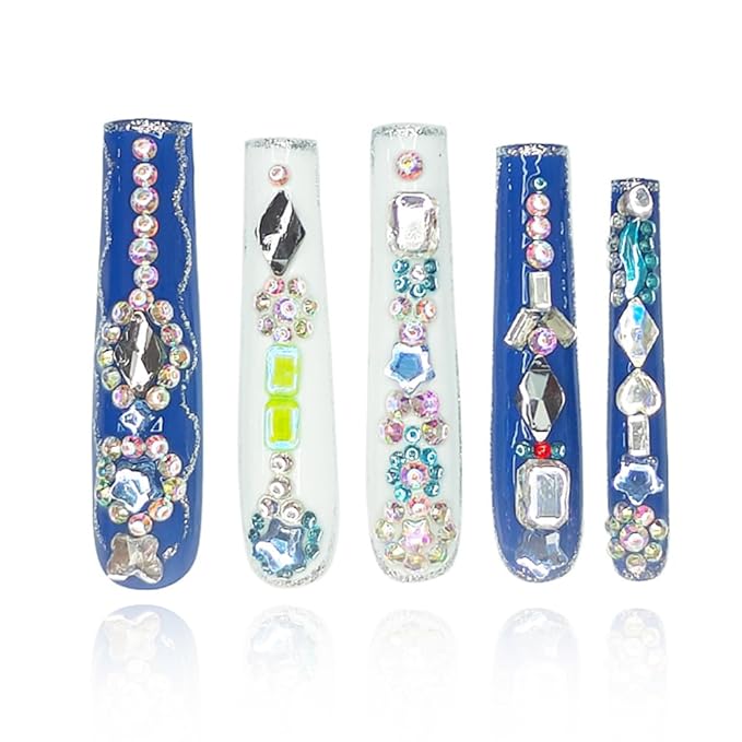 2025 Long Handmade PMMA Acrylic Nails with Multi-Color Strap Stars Rhinestones Butterfly Design Reusable Full Coverage False Nails Ladies False Nail Set (Lucky, Medium)