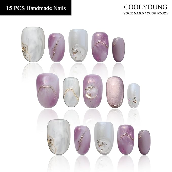 Homemade Press On Nails Acrylic Almond Medium Lavender Press On Nails 3D Nails COOLYOUNG Handmade Nails 15PCS, Size L