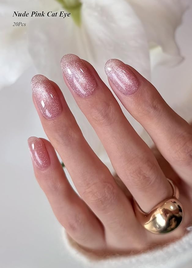 Semi Cured Gel Nail Strips (Nude Pink Cat Eye), Light-Chasing, 20 Pcs Gel Nail Wraps, Stickers, Works with Any UV Lamps