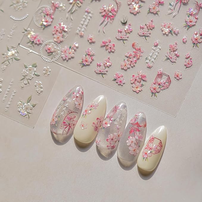 3D Spring Floral Nail Art Stickers, Pink and White Peach Pear Cherry Blossoms Design, Decorative Nail Decals (Delicate Flower)