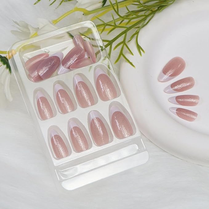 Almond Press on Nails Medium Fake Nails with Glitter Designs White French Tip Nails Press ons Winter Acrylic Nails for Women 24 Pcs