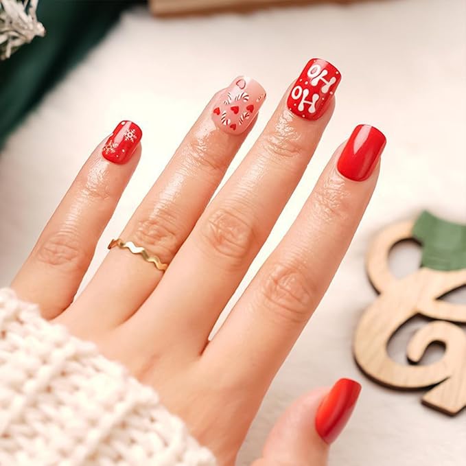 6 Packs (144 Pcs) Christmas Press on Nails Short Square Fake Nails Winter Xmas False Nails with Designs Snowflake Marple Leaves Glue on Nails Full Cover Glossy Acrylic Stick on Nail for Women Manicure