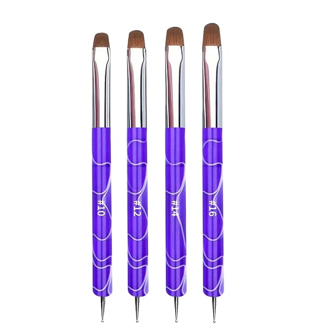 4Pcs French Tip Brush, Double-Ended French Brushes for Nails with Dotting Tool, Clean Up Brush for Gel Nail Polish, Size 10/12/14/16, Acrylic Nail Art Brushes, Manicure Tools for Nail Design-Lavender
