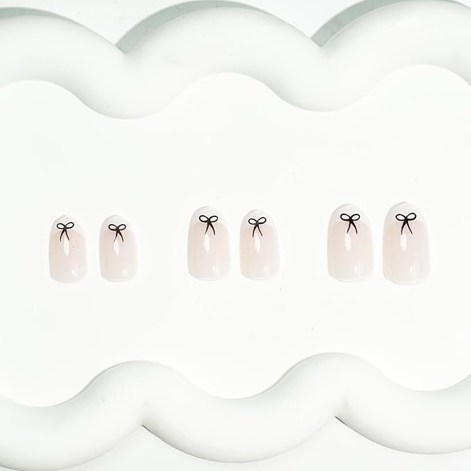 White French Tip Press On Nails Almond Short Fake Nails with Black Bow Design False Nails Valentines Day Bow Full Cover Acrylic Artificial Nails Press Ons Stick On Nail for Women DIY Manicure 24PCS