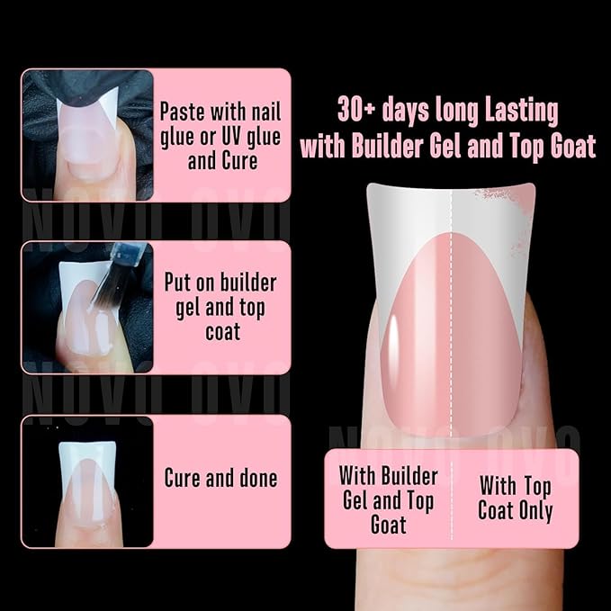 NOVO OVO White French Tip Short Duck Nail Tips Press on, BABY PINK Pre-designed Soft Gel Nail Extension, Extra thick Full Cover Matte Vrial False Nails for DIY x 12 Sizes 240 pcs